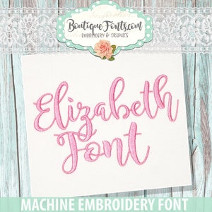 May include: Pink machine embroidery font design with the word "Elizabeth Font" on a white background.