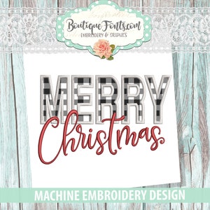 Puede incluir: Diseño de bordado a máquina para "Feliz Navidad" en un patrón de cuadros de búfalo blanco y negro con una "Navidad" en cursiva roja.