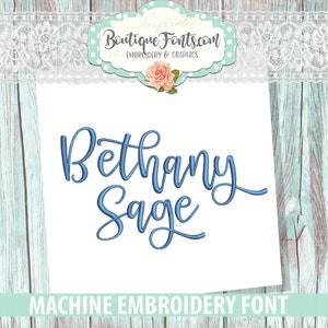 May include: Machine embroidery font design featuring the names Bethany and Sage in a blue cursive script. The design is on a white background.