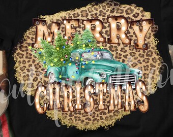 Merry Christmas Truck Leopard Print Christmas Sublimation Printable Transfer - Instant Download