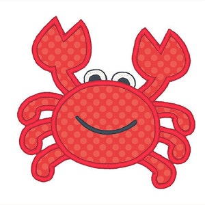 May include: Red cartoon crab with white eyes and a smiling mouth. The crab has a polka dot pattern on its body.