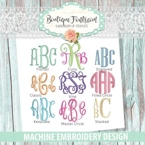 May include: A chart showing different styles of monogram embroidery designs. The styles include Fishtail, Curly, Engraved, Classic, Vine, Filled Circle, Keepsake, Master Circle, and Stacked. The text "MACHINE EMBROIDERY DESIGN" is at the bottom of the chart.