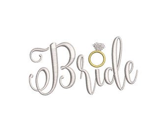 May include: Bride written in a cursive font with a diamond ring above the word.