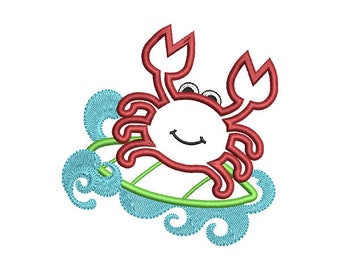 Surfing Crab Applique Embroidery Design - Instant Download