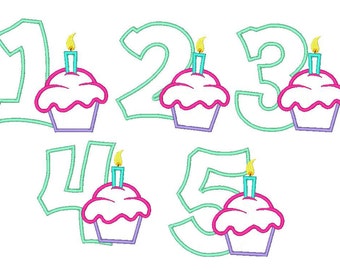 Cupcake Numbers Applique Embroidery Design Set - Instant Download