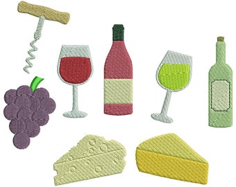 May include: Embroidered design of a wine and cheese pairing set. The set includes a bottle of red wine, a bottle of white wine, two wine glasses, a corkscrew, a bunch of grapes, and two pieces of cheese.