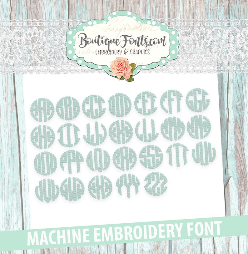 May include: A set of 26 monogram letters in a circle design, in a light blue color, for machine embroidery. The letters are arranged in alphabetical order.