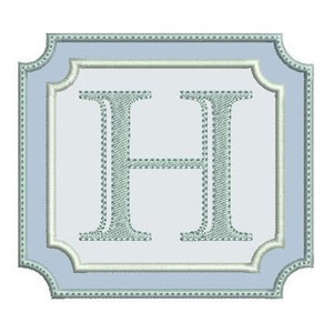 May include: A light blue square frame with a white inner border and the letter "H" in the center. The letter is outlined in a light blue color and has a decorative, stitched design.