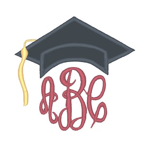 May include: A graduation cap with a gold tassel and a red monogram of the letters "A B C" underneath.