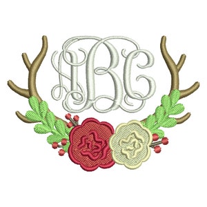 Christmas Floral Antler Monogram Frame Embroidery Design- Instant Download