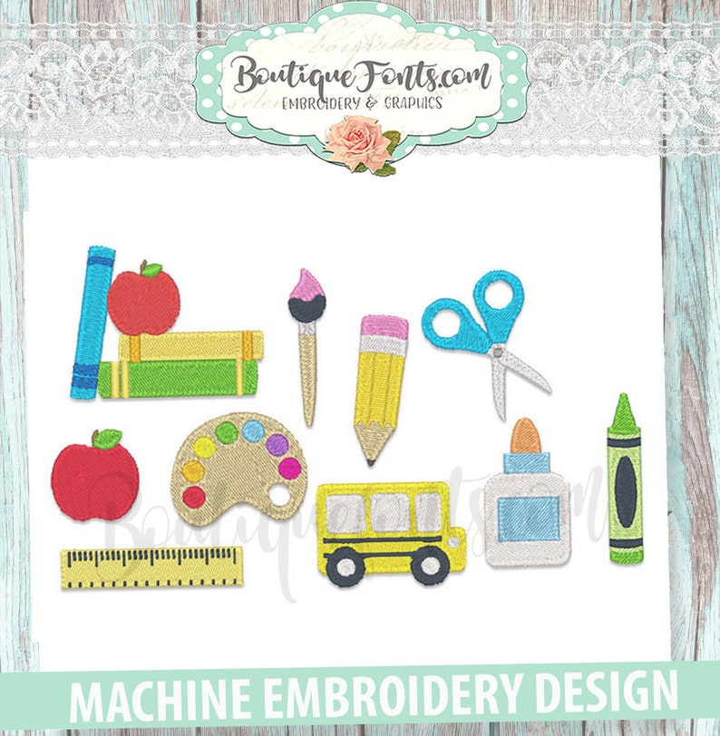 May include: A collection of machine embroidery designs featuring school-themed elements. Includes a yellow school bus, red apples, pencils, paint palette, scissors, books, glue bottle, ruler, and a green crayon. The text "MACHINE EMBROIDERY DESIGN" is at the bottom.