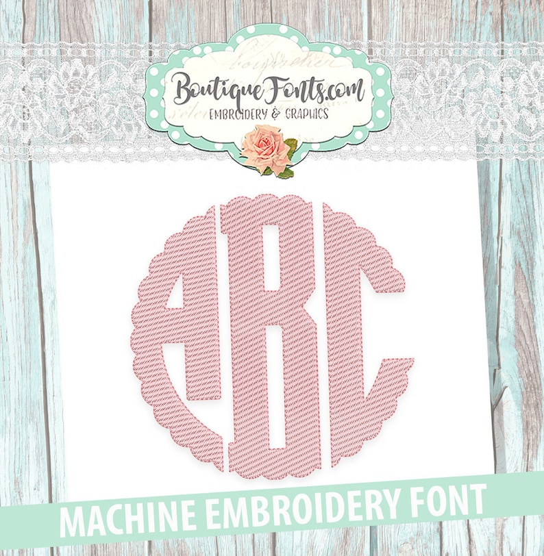 May include: A pink machine embroidery font with a scalloped edge, showing the letters A, B, and C. The font is designed for use in embroidery machines.