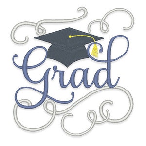 May include: A blue and gray graduation cap with a yellow tassel sits above the word "Grad" in a blue script font. The word is surrounded by gray swirls.