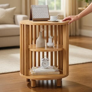 Mid Century Modern Round End Table - Natural Oak Nightstand with Open Shelf for Bedroom