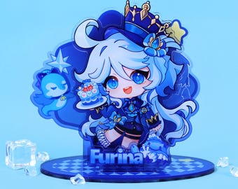 Genshin Impact Furina acrylic stand, Chibi Hydro Archon figure with cake slice, Vibrant blue desk decor anime gift,Water God Standing Figure