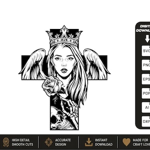 Gothic Angel Queen SVG, Skull Rose Cross Vector, Dark Fantasy Cricut Cut File,Eps AI Png Pdf Dxf Svg Instant Digital Download