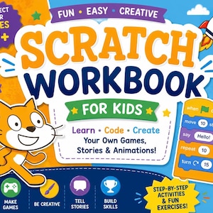 Peut inclure: Une couverture de cahier d'exercices Scratch pour enfants avec un chat orange, une fusée et des blocs de code. Le texte indique : Fun, Easy, Creative, Scratch Workbook for Kids, Learn, Code, Create Your Own Games, Stories & Animations.
