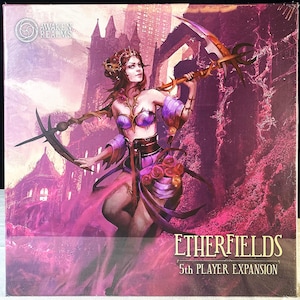 May include: A square board game box for Etherfields 5th Player Expansion by Awaken Realms. The cover features a character with a crown holding a large scythe, set against a dark, magenta-toned landscape with a castle and thorny vines.