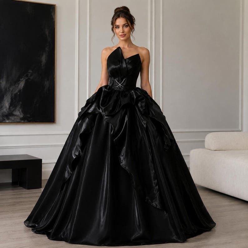 Black Gothic Prom Dress, Luxury Satin Ball Gown, Dark Romance Princess — free download