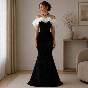 sequin black tie dress for Optional Wedding? : r/Weddingattireapproval supportive straps included * Fully beaded mesh overlay with linear sequin and bead motifs * Structured bodice for enhanced support * Open lace Black Sequin Bow Tie Prom