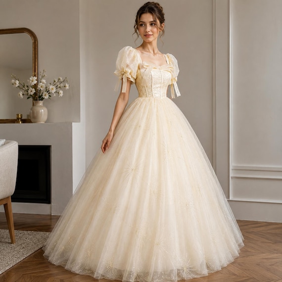 Champagne Princess Prom Dress, Puff Sleeve Ball Gown, Fairytale Quinceanera Dress, Glitter Tulle Formal Gown, Sweet 16 Princess Dress