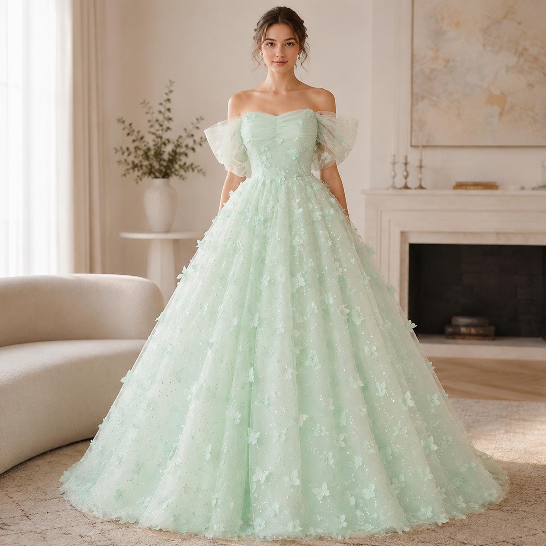 green butterfly prom dress sheer couture wedding dress