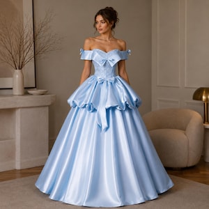 blue and white sweet 16 dresses Puffy Blue Organza Ball Gown Beaded Off-the-Shoulder Quinceanera Dress Blue / Custom Size