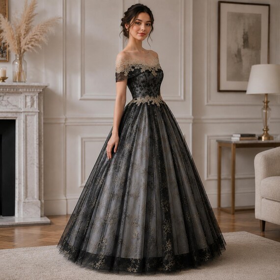 black off the shoulder tulle dress Lace Ball Gown, Prom Dress, Gothic Formal Evening Dress, Mother of Bride Gown, Luxury Wedding Guest Homecoming dresses