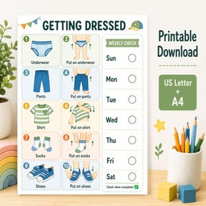 May include: A Getting Dressed visual chart featuring ten numbered steps with illustrations of clothing items and actions, including underwear, pants, a shirt, socks, and shoes. A weekly check column lists days from Sunday to Saturday with circles.