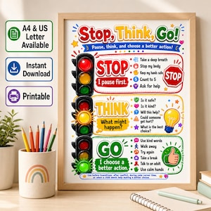 Stop Think Go Activity Worksheet, Self Regulation Tool, Kids ADHD Autism Support (Digital Download)