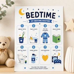 Può includere: Un poster bianco intitolato BEDTIME MY BEDTIME ROUTINE che presenta otto passaggi numerati con illustrazioni blu e verdi tra cui uno spazzolino, una vasca da bagno, un pigiama, un libro, un WC, una bottiglia d'acqua, un cuore e un letto.