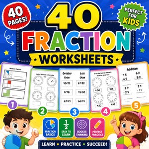 以下が含まれることがあります： 40 FRACTION WORKSHEETSというタイトルのデジタル教材。カラフルなテキスト、分数、時計、足し算などの数学の問題が載った5つのサンプルページ、円グラフを持った2人の子供のイラストが青い背景に描かれています。