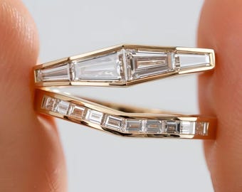 Tapered Baguette Cut Moissanite Diamond Engagement Ring Set, 14k Gold channel Set Unique Ring, Unisex Matching Band, Anniversary Gift