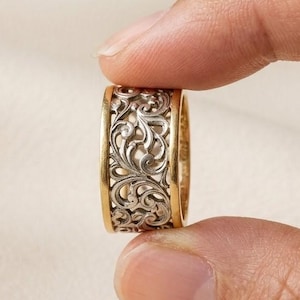 Vintage Filigree Wide Band Ring, Two Tone Gold Silver Ring, Floral Scrollwork Statement Ring,  Victorian Style Wedding Band Gift for Her