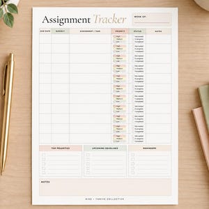 Op de afbeelding: Een wit opdrachten-trackerblad met zwarte tekst en pastelkleurige accenten. De lay-out bevat kolommen voor vervaldatum, onderwerp, taak, prioriteit, status en notities, met secties voor topprioriteiten, aankomende deadlines en herinneringen.