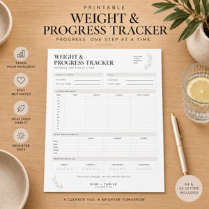 May include: A printable weight and progress tracker document featuring sections for starting points, goals, 12-week progress, body measurements, and beyond the scale metrics. The white paper includes black text, line grids, and small leaf illustrations.