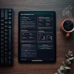 Puede incluir: Una tableta que muestra una hoja de trucos de CapCut con tema oscuro titulada Music, Text, Effects & Export. La pantalla muestra guías técnicas para audio, texto, subtítulos, fotogramas clave y ajustes de exportación.