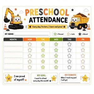 Puede incluir: Una tabla de asistencia preescolar con vehículos de construcción, incluyendo una excavadora y un camión volquete. La tabla incluye secciones para nombre, mes, seguimiento semanal con iconos de estrellas, una meta y una recompensa, con el texto Preschool Attendance.