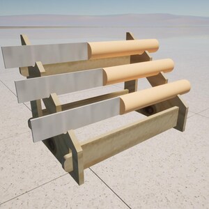 May include: A wooden tiered storage rack holding three horizontal metal blades with light-colored cylindrical wooden handles. The rack features a stepped design with three slots to support the blades, which are arranged in a parallel, ascending formation.