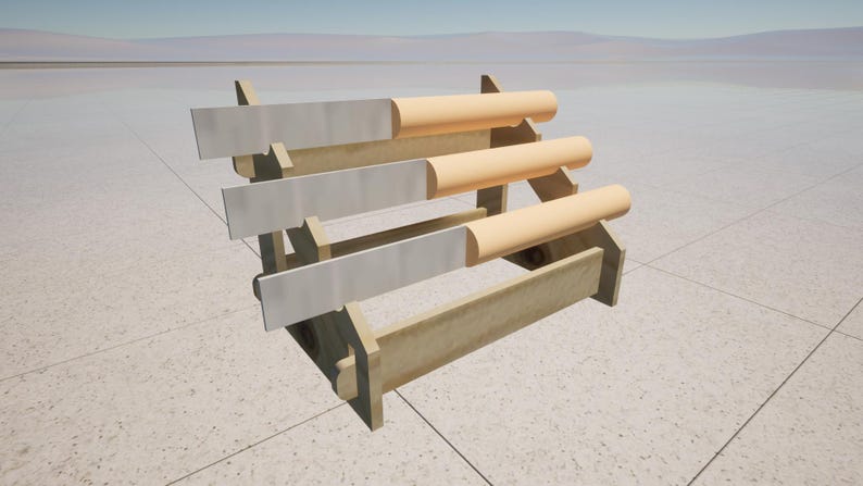 May include: A wooden tiered storage rack holding three horizontal metal blades with light-colored cylindrical wooden handles. The rack features a stepped design with three slots to support the blades, which are arranged in a parallel, ascending formation.