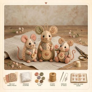 Kit de costura de ratón de patchwork, manualidades rústicas de peluche de animales, elaboración de adornos campestres vintage.