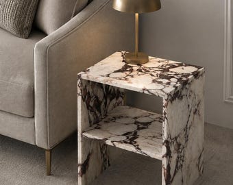 Calacatta Viola marmeren bijzettafel, luxe marmeren bijzettafel, nachtkastje van natuursteen, moderne accenttafel, design woonkamermeubels