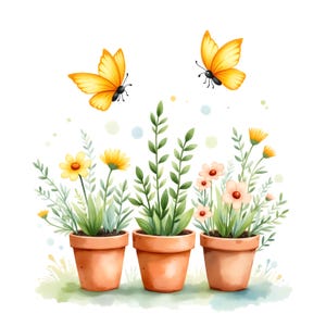 Könnte beinhalten: Drei terrakottafarbene Töpfe mit verschiedenen grünen Pflanzen und Blumen in Gelb-, Orange- und Hellrosatönen. Zwei gelbe Schmetterlinge sind über den Pflanzen dargestellt, begleitet von verstreuten hellen, kreisförmigen Akzenten.