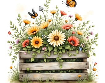 25 JPG Rustic Flower Crates Clipart Bundle, Wooden Crates Flowers, Garden Tools Ribbon Farmhouse Spring Digital Download Commercial Use JPG