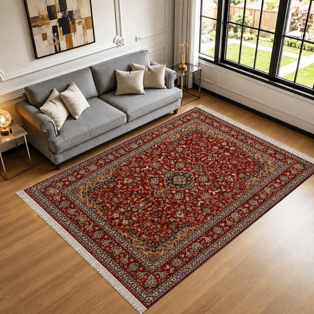 Antique Kashmiri Silk Rug 3x5 – Handmade Red Floral Medallion
