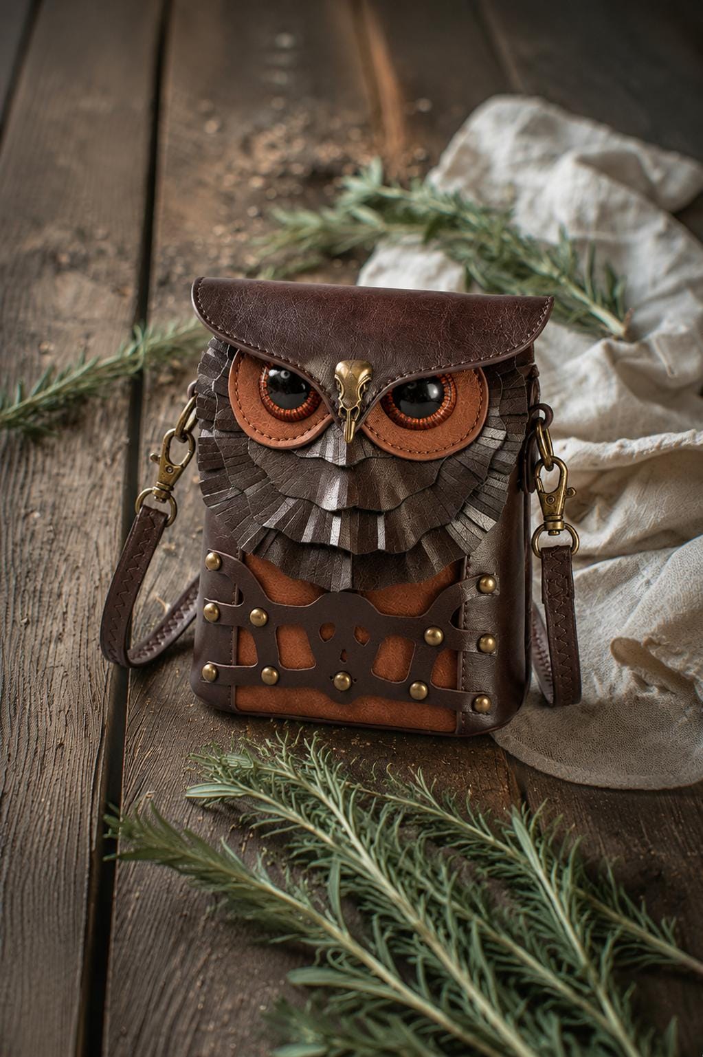 Steampunk Owl Crossbody Bag Vintage PU Leather Rivet Owl Shoulder Bag Gothic Medieval Costume Festiv