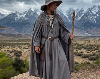 Fantasia de Gandalf Mago Adulto, Manto Cinza de Mago, Opções de Chapéu e Cinto, Mago Fantástico, Traje Inspirado em Senhor dos Anéis para Cosplay