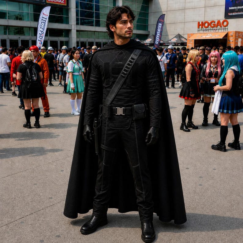May include: A full-body black costume featuring a long cape, a long-sleeved top with subtle geometric stitching, matching trousers, a utility belt with a silver buckle and attached pouch, black gloves, and black boots worn by a person.
