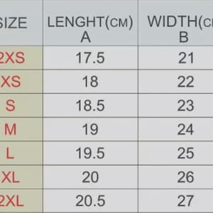 Puede incluir: Una tabla de tallas con tres columnas etiquetadas como SIZE, LENGHT(cm) A y WIDTH(cm) B. Las filas enumeran tallas desde 2XS hasta 2XL con medidas correspondientes en cent&iacute;metros de 17.5 a 20.5 para el largo y 21 a 27 para el ancho.