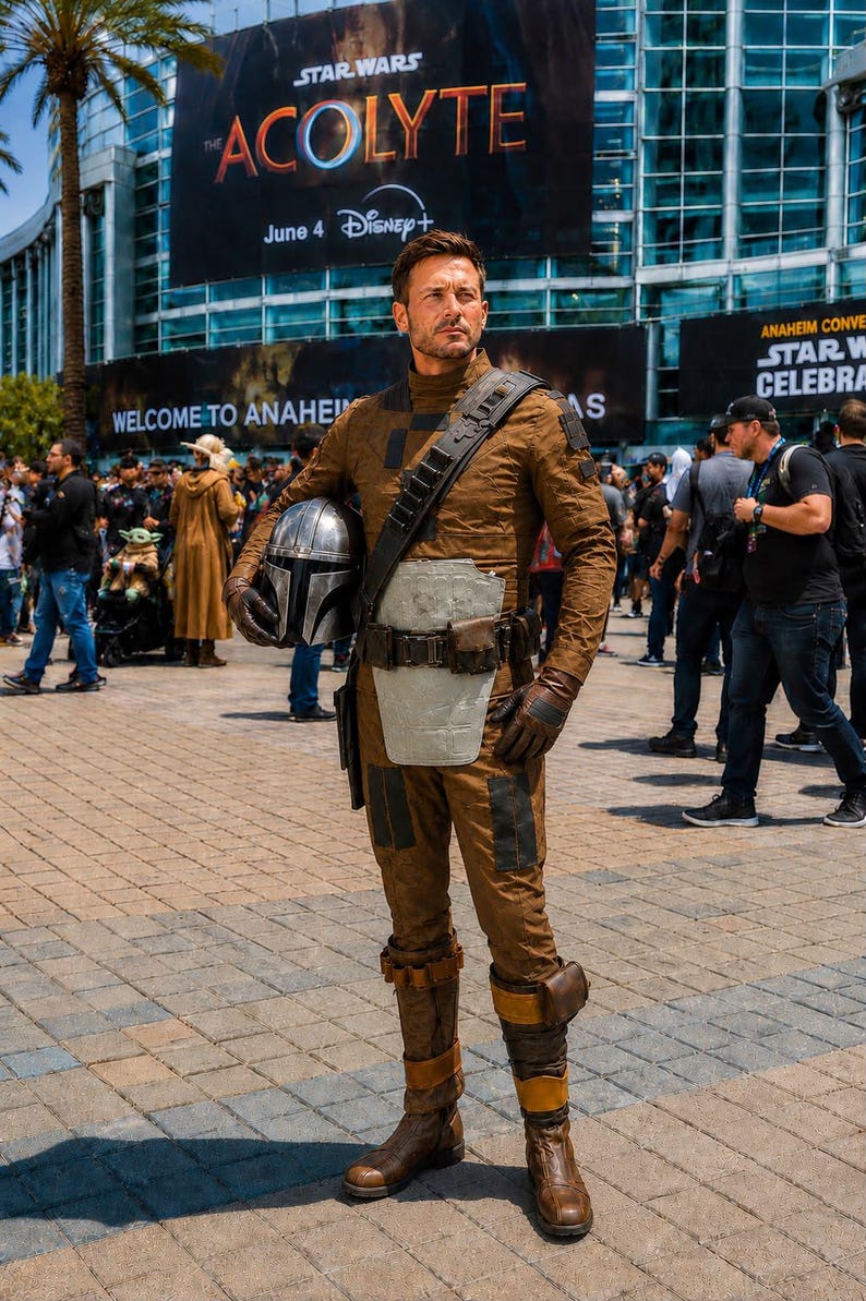May include: A person wearing a brown textured jumpsuit with a light gray chest plate, a dark brown utility belt, and a shoulder strap. The outfit includes brown boots with straps and dark gloves. The person holds a metallic silver helmet in one hand.